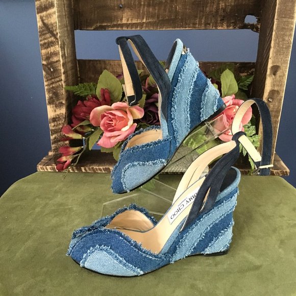 Jimmy Choo Denim Wedge Sandals with Ankle Strap Size 36 1/2 (US6 12_